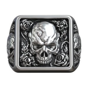 Skull Head Roses Flower Thorns Square Engraved Signet jewelry1