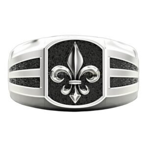 Mens sterling silver fleur-de-lis ring with oxidized shield and grooved band