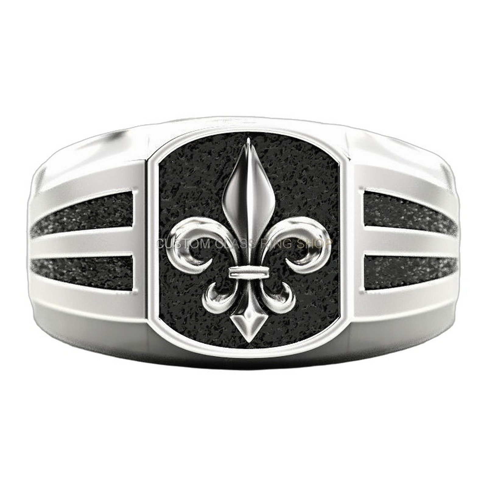 Mens sterling silver fleur-de-lis ring with oxidized shield and grooved band