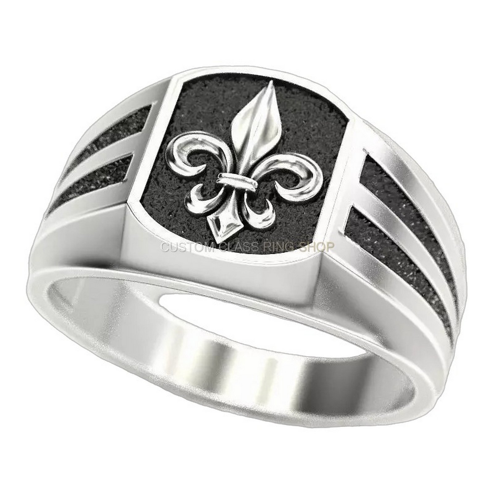 Mens sterling silver fleur-de-lis ring, angled three-quarter view