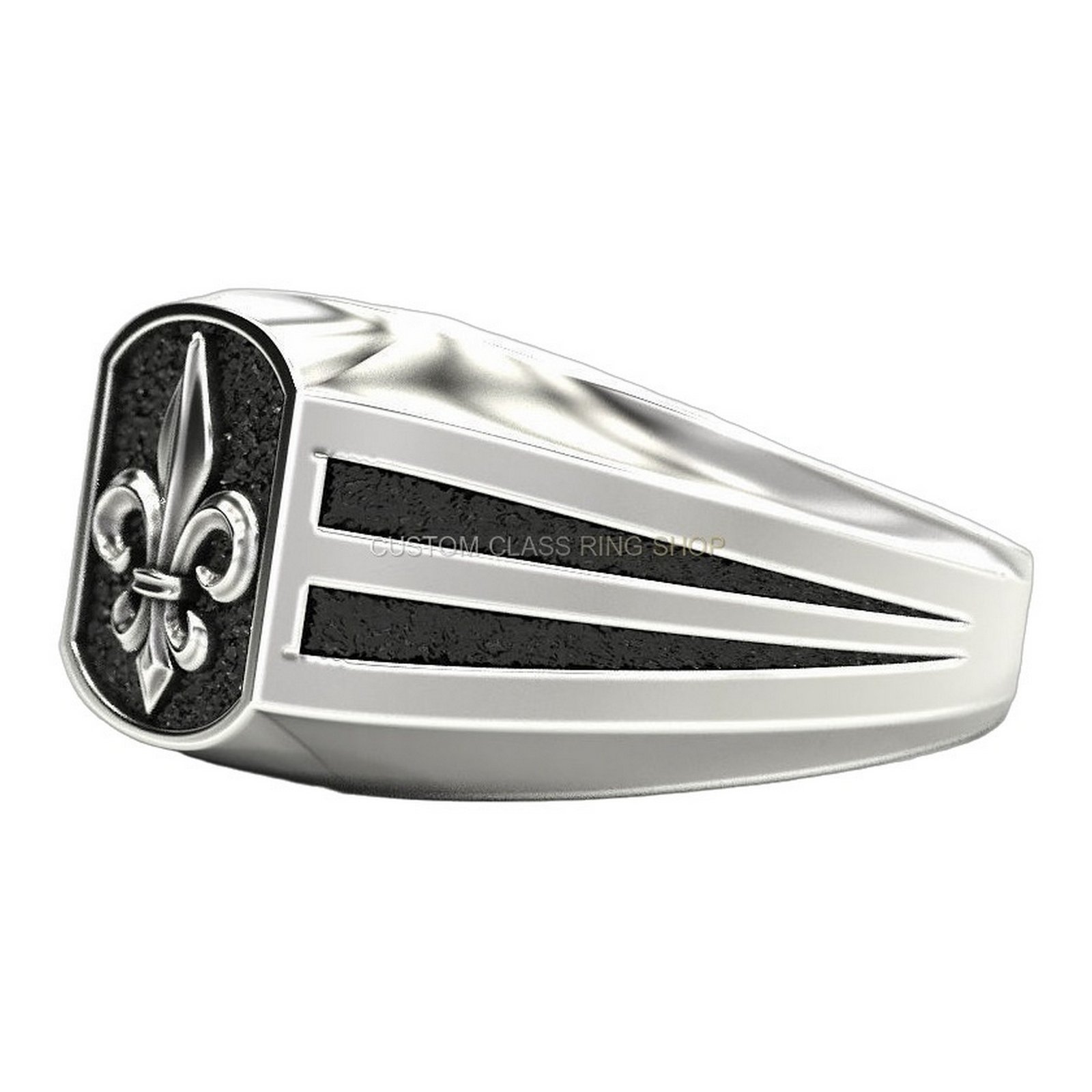 Mens sterling silver fleur-de-lis ring, overhead angle view