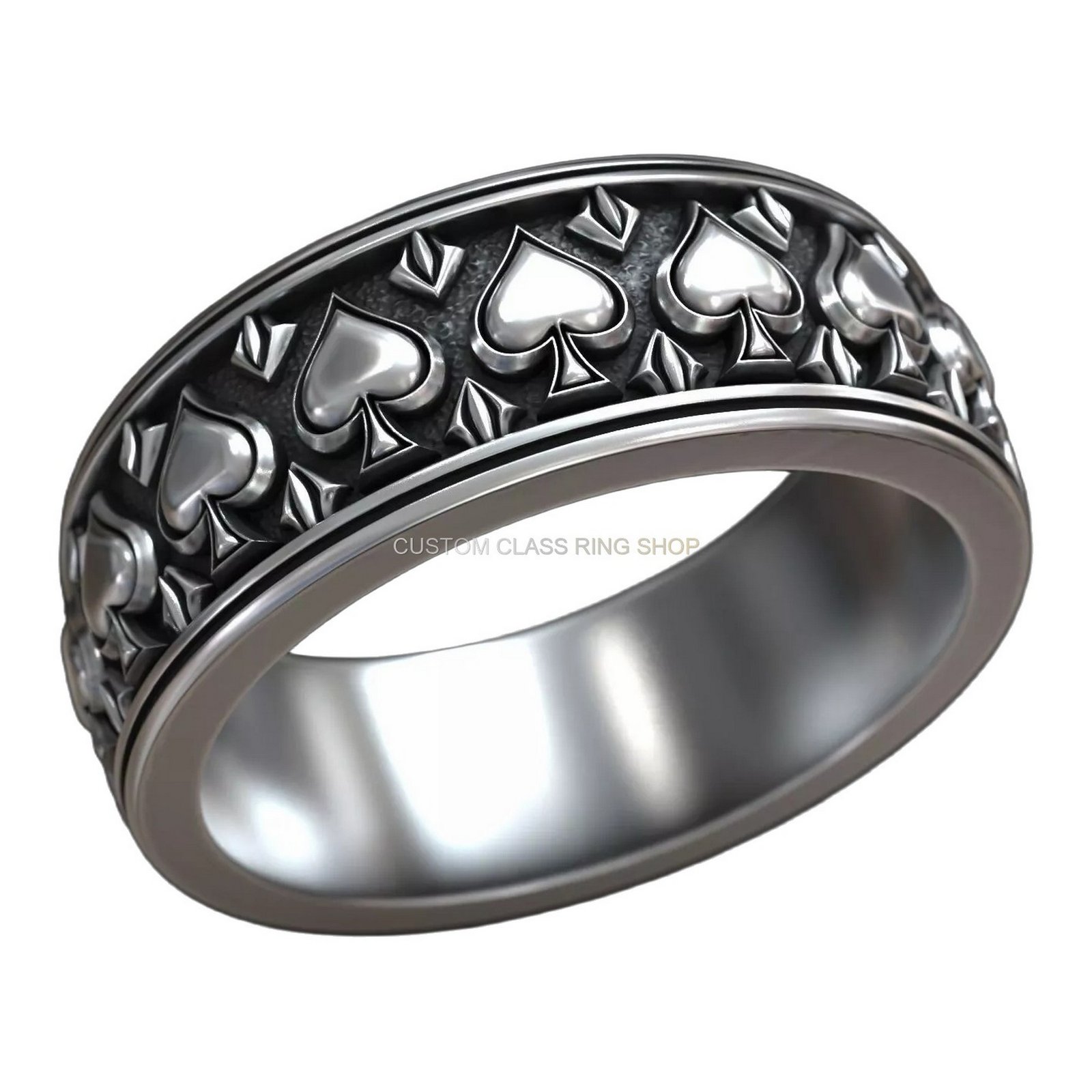 Sterling silver gothic spade ring with oxidized finish and embossed details