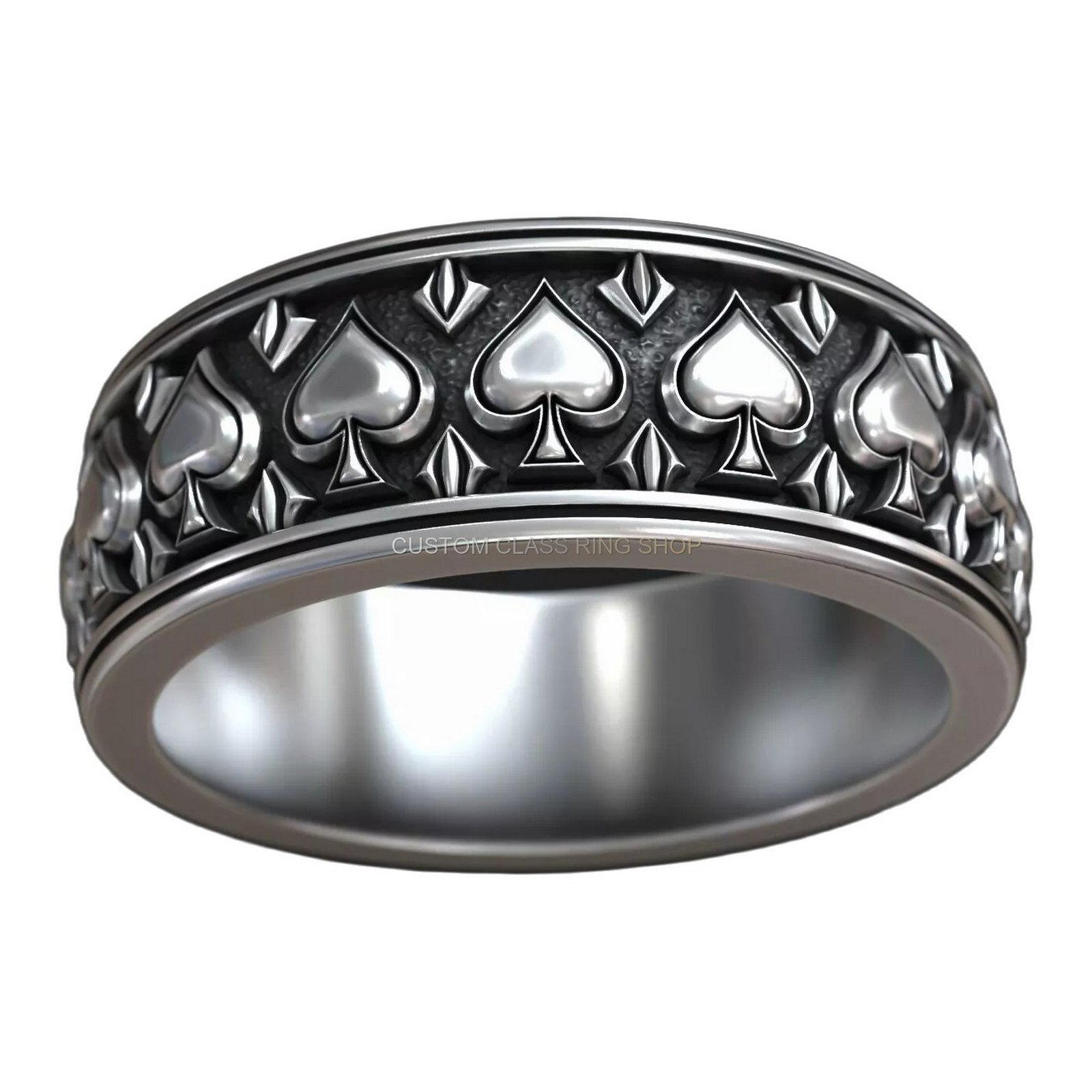 Sterling silver gothic spade ring, straight-on front face detail
