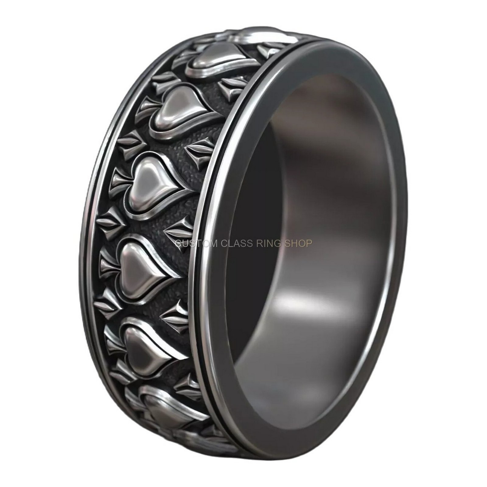 Sterling silver gothic spade ring, side profile view