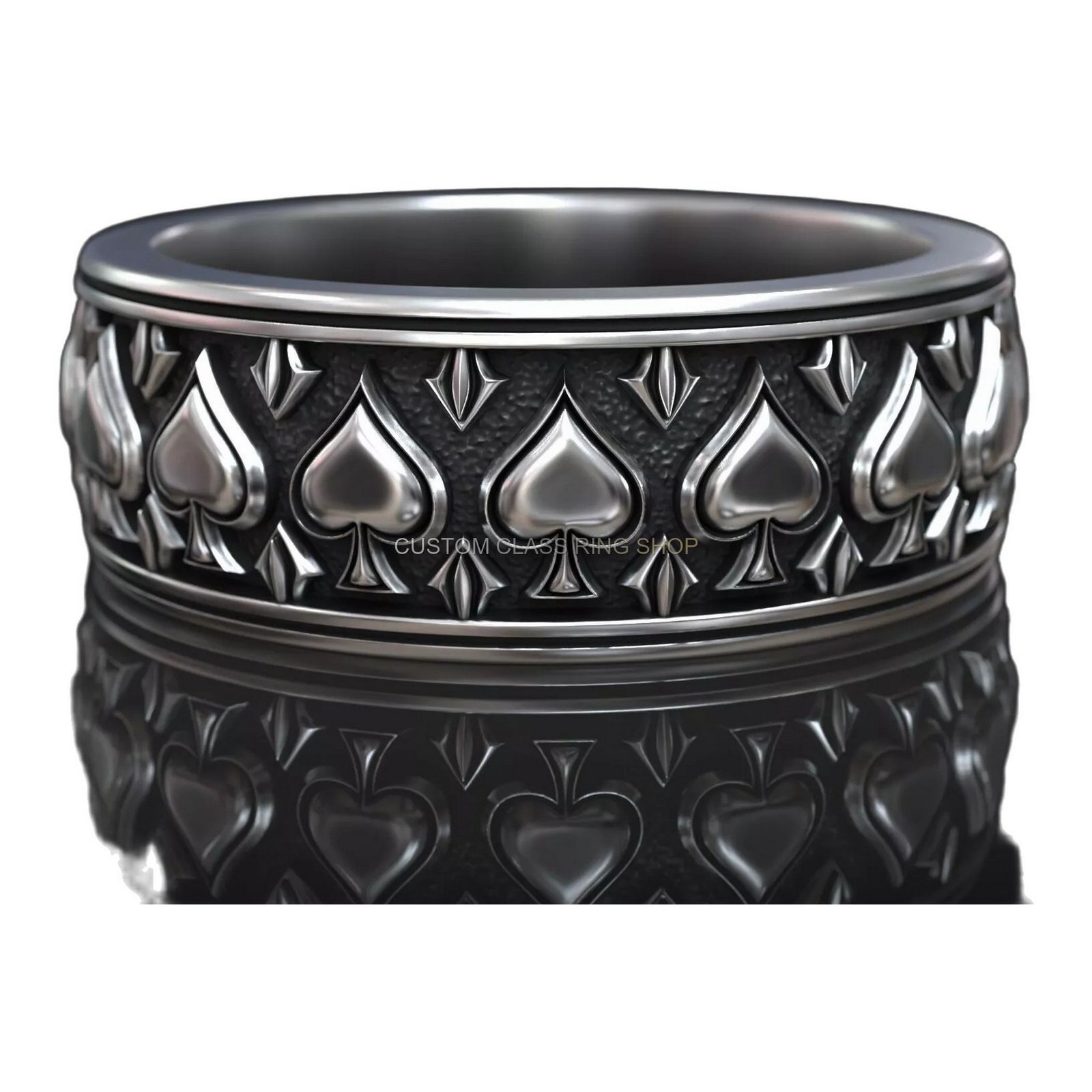 Sterling silver gothic spade ring with oxidized finish and embossed details