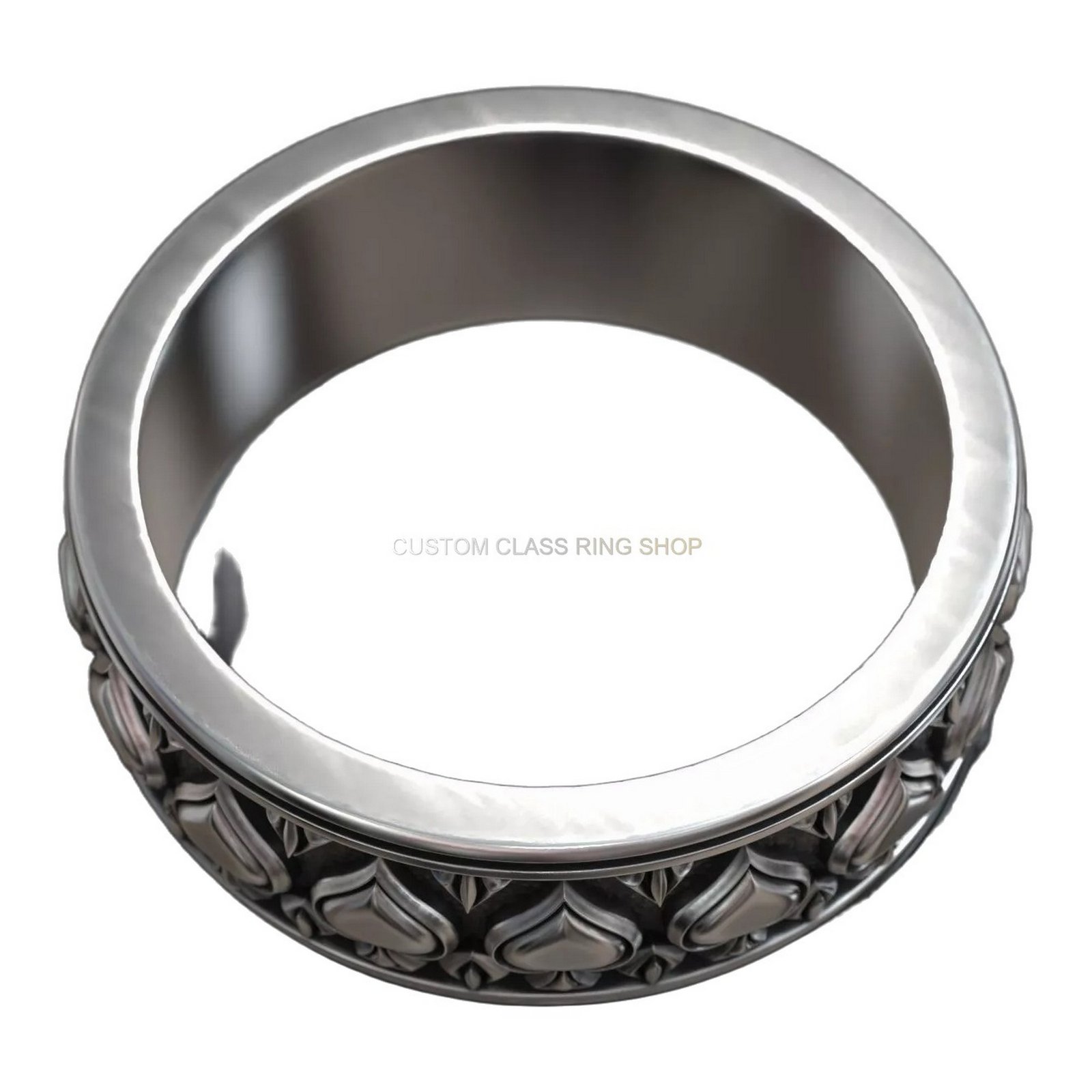 Sterling silver gothic spade ring with oxidized finish and embossed details