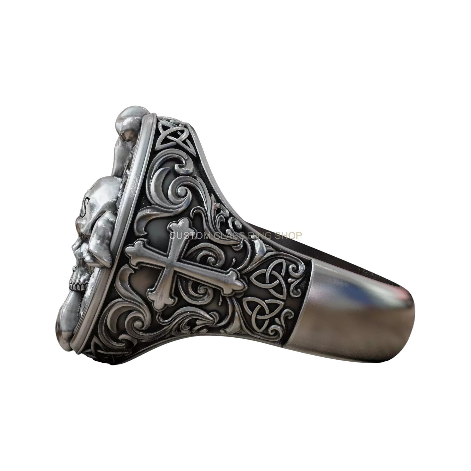 Sterling silver gothic skull ring, left side profile showing band detail