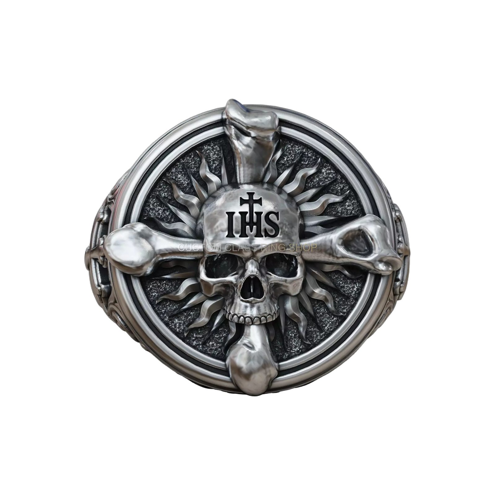 Sterling silver gothic skull ring, front view with circular ornate frame