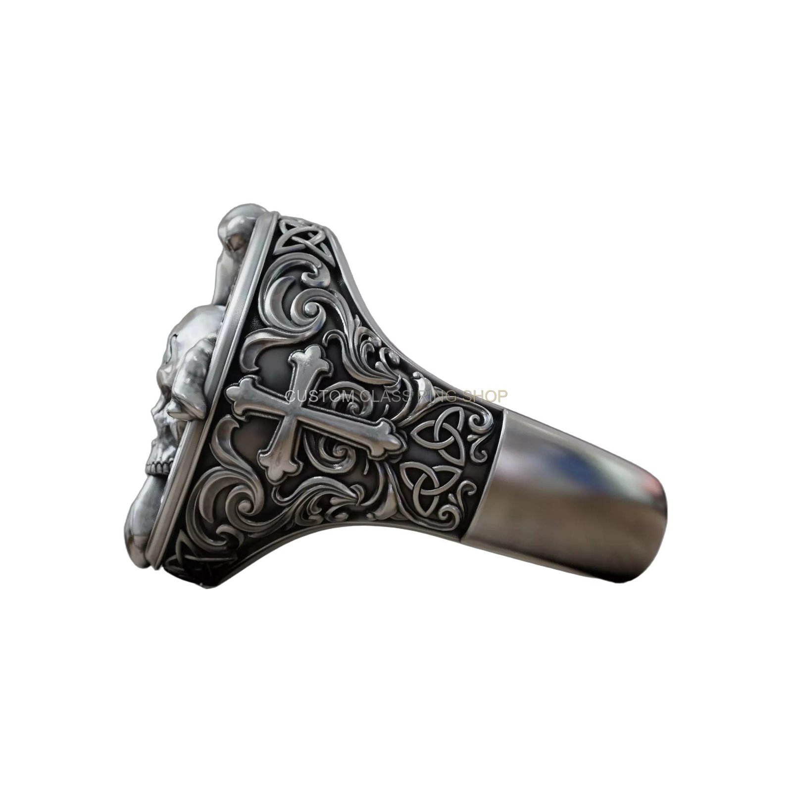 Sterling silver gothic skull ring, right side profile with floral scrollwork