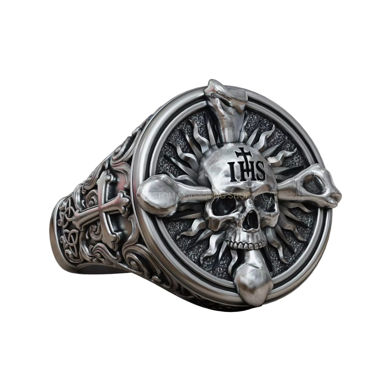 Sterling silver gothic skull ring, angled front-facing detail