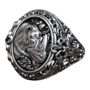 Men's sterling silver rhinoceros signet ring with rococo ornament, oxidized finish