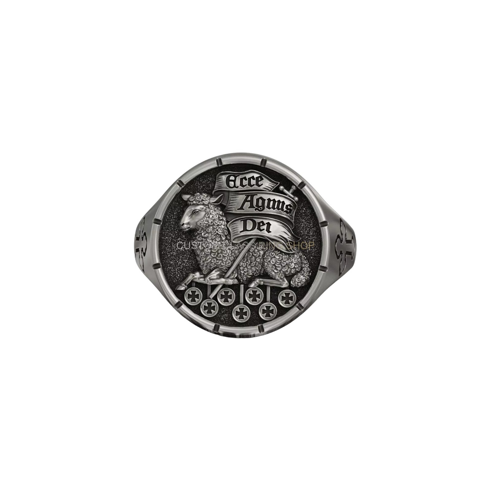 Sterling silver agnus dei signet ring, angled three-quarter view of band and face