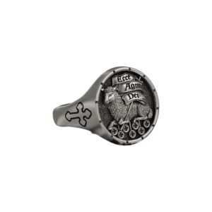 Sterling silver agnus dei signet ring with engraved lamb and cross shoulders