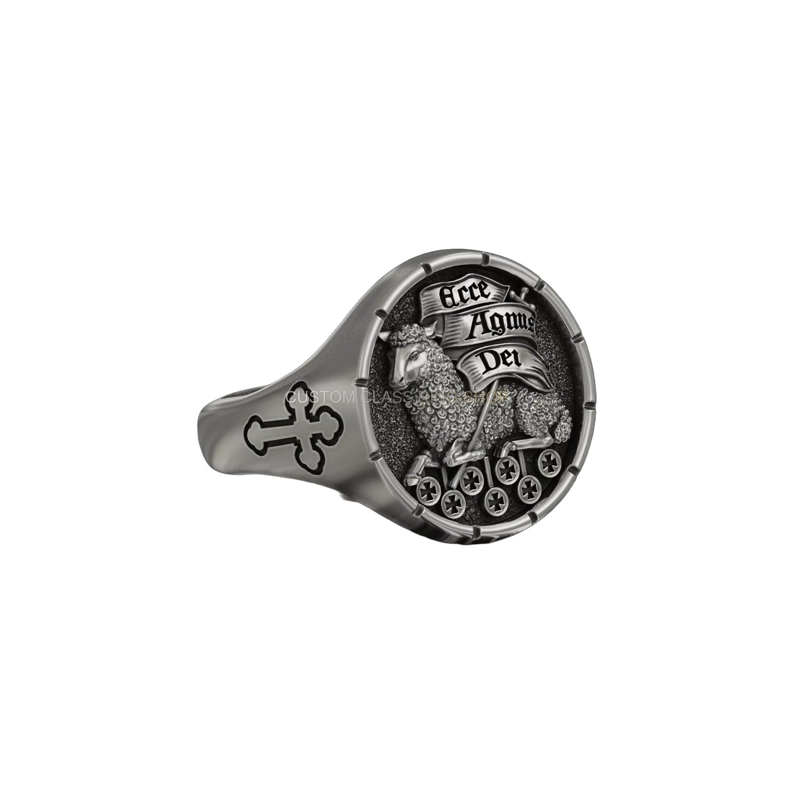 Sterling silver agnus dei signet ring with engraved lamb and cross shoulders