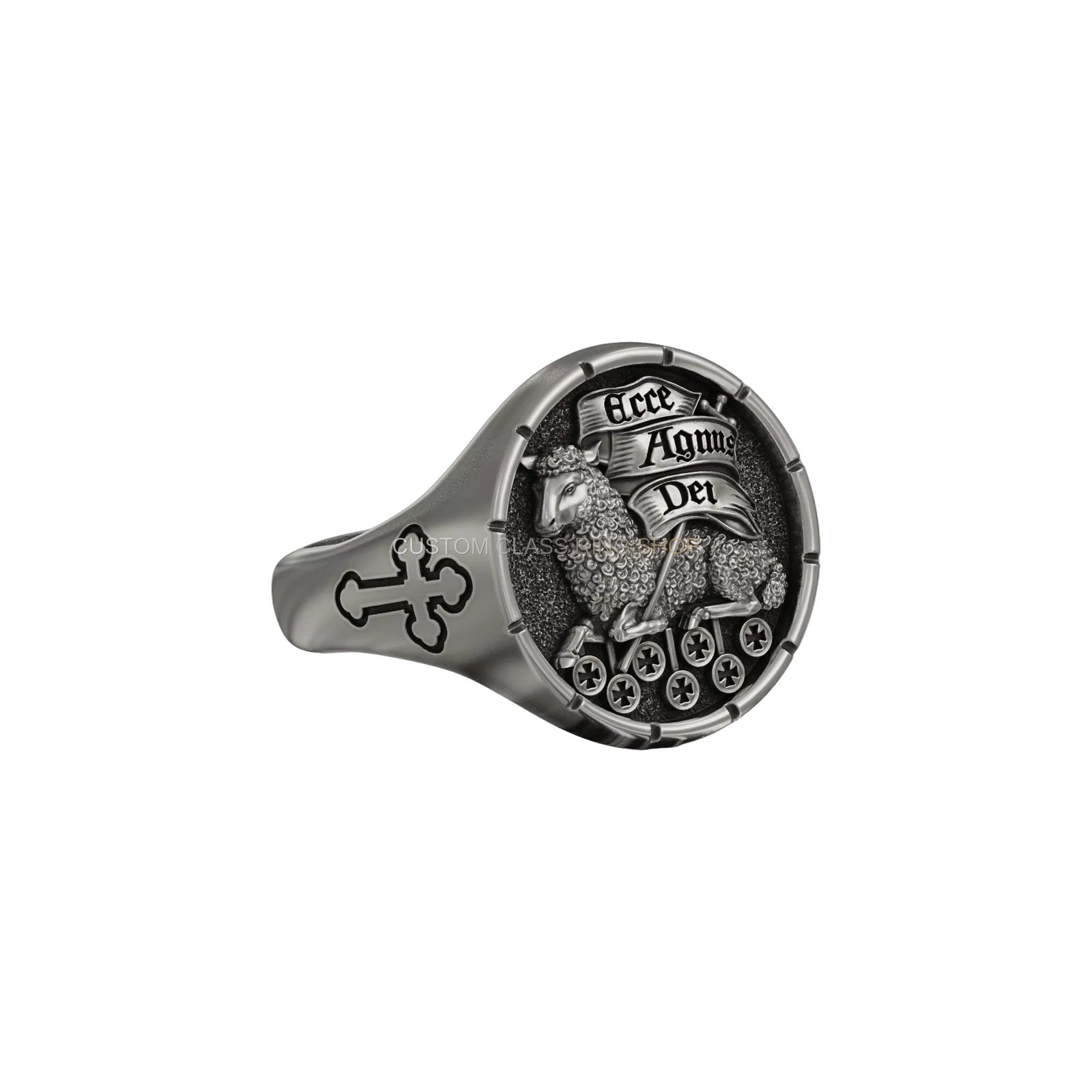 Sterling silver agnus dei signet ring, front head-on detailed view of seal face