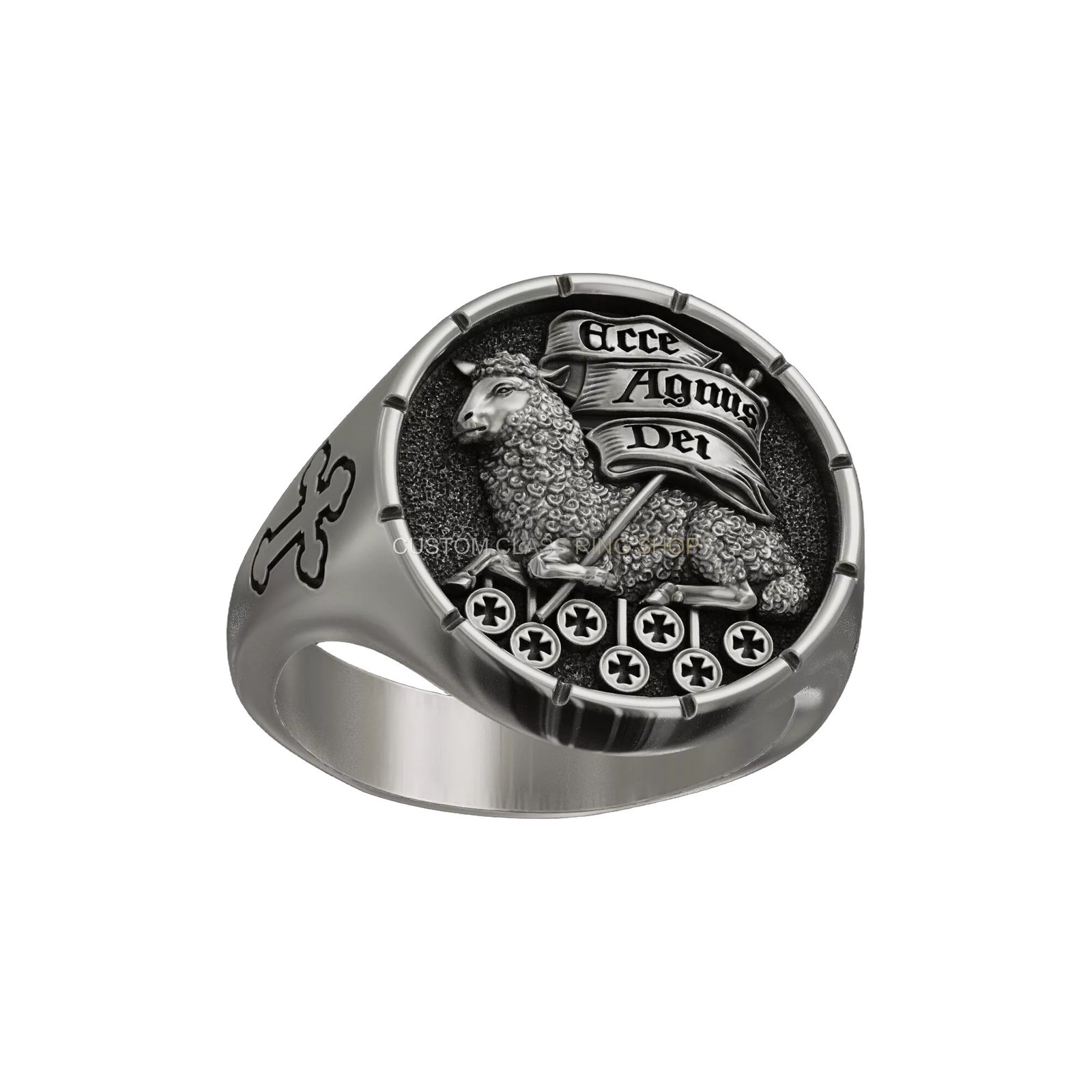 Sterling silver agnus dei signet ring with engraved lamb and cross shoulders