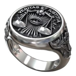 Sterling silver all-seeing eye signet ring, front head-on view with ornate shoulders