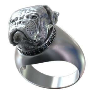 Sterling silver American Bulldog ring with oxidized finish and beaded studded collar detail