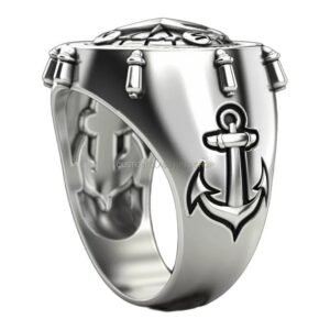Sterling silver anchor compass ring with rope border and cardinal markings