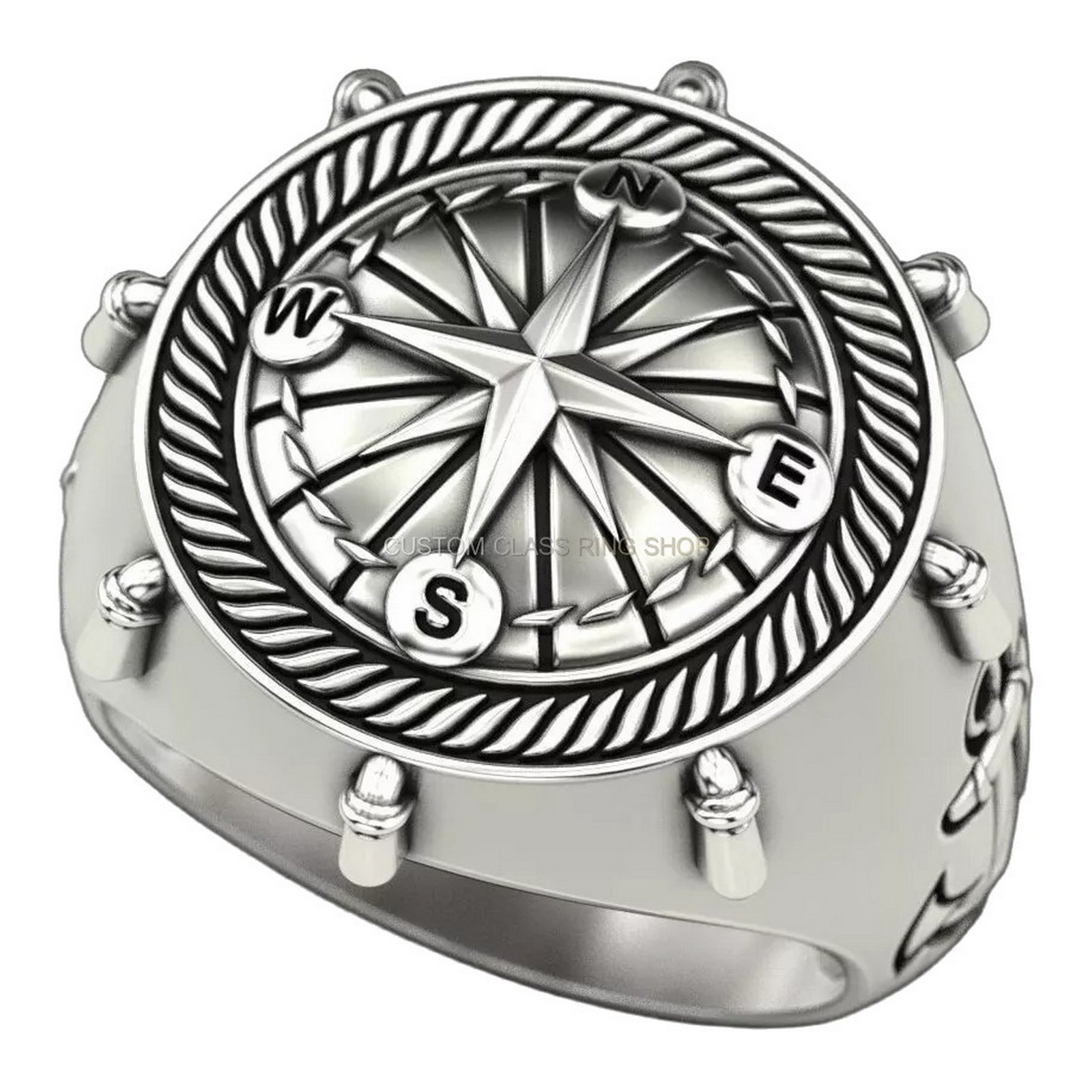 Sterling silver anchor compass ring, top compass face with cardinal markings