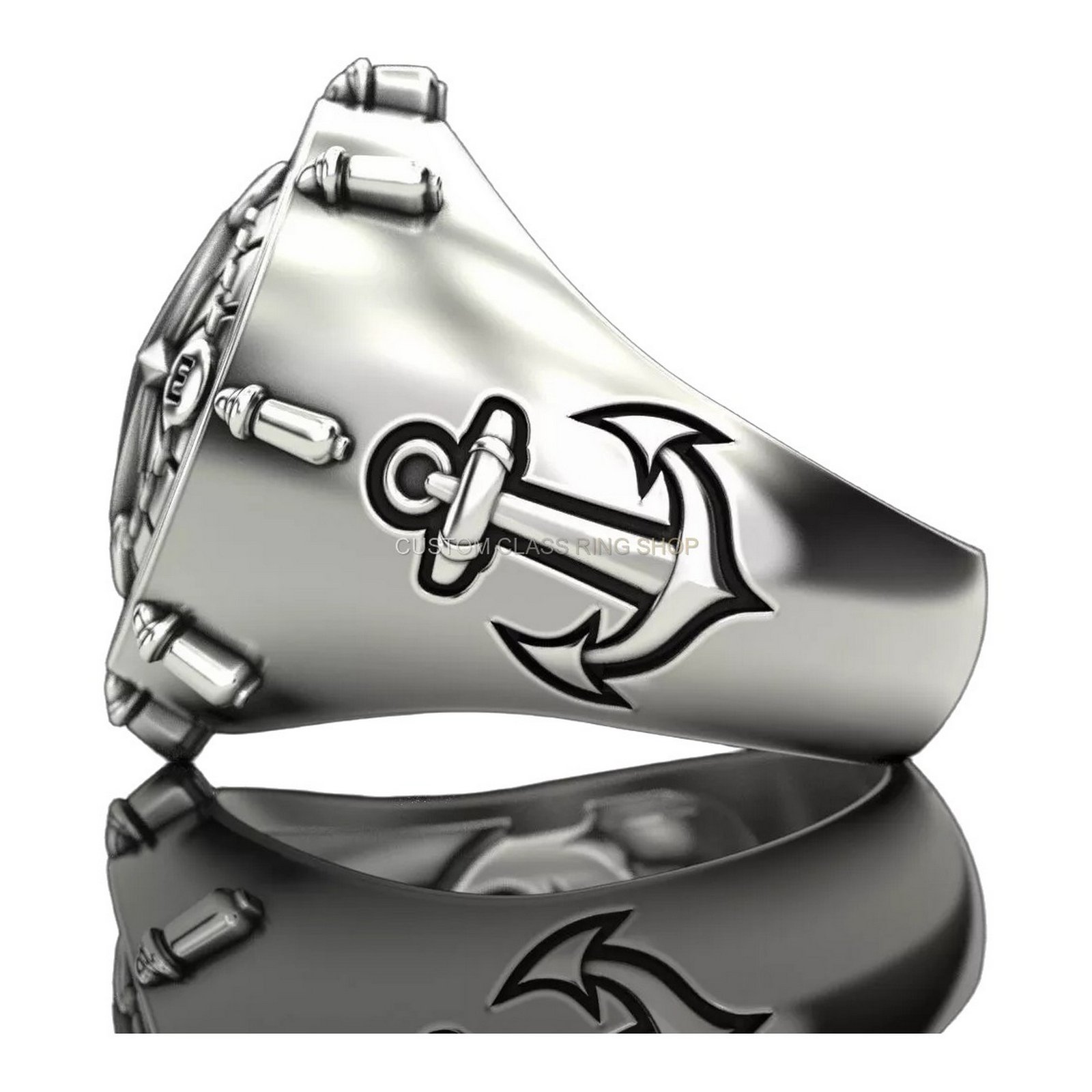 Sterling silver anchor compass ring, side anchor motif on band