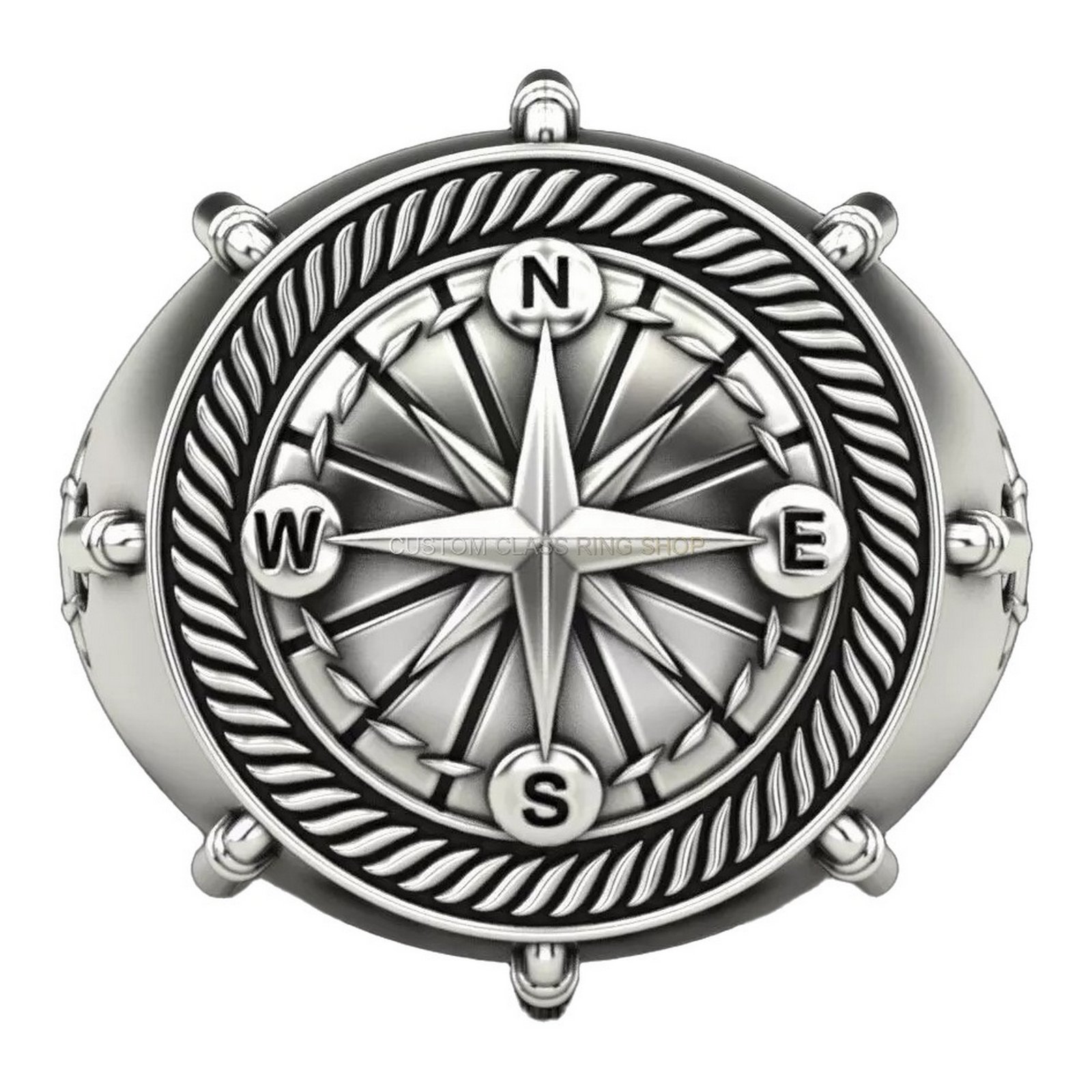 Sterling silver anchor compass ring, full band three-quarter compass display