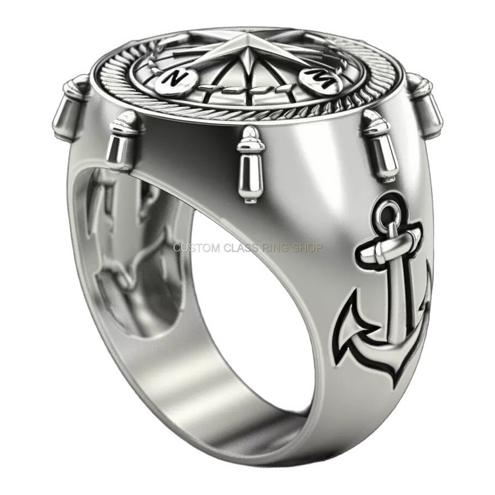 Sterling silver anchor compass ring, compass face top-down straight view