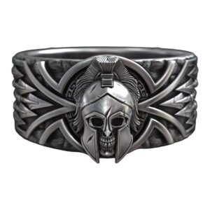 Sterling silver spartan warrior skull ring with Greek key border detail