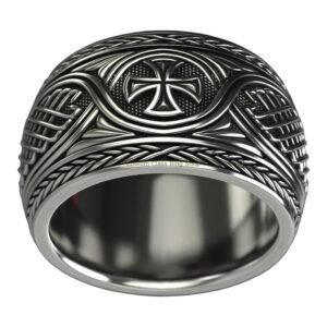Sterling silver cross pattern statement ring with oxidized finish and rope border detail