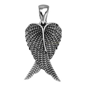 Sterling silver angel wings pendant with textured feather detailing