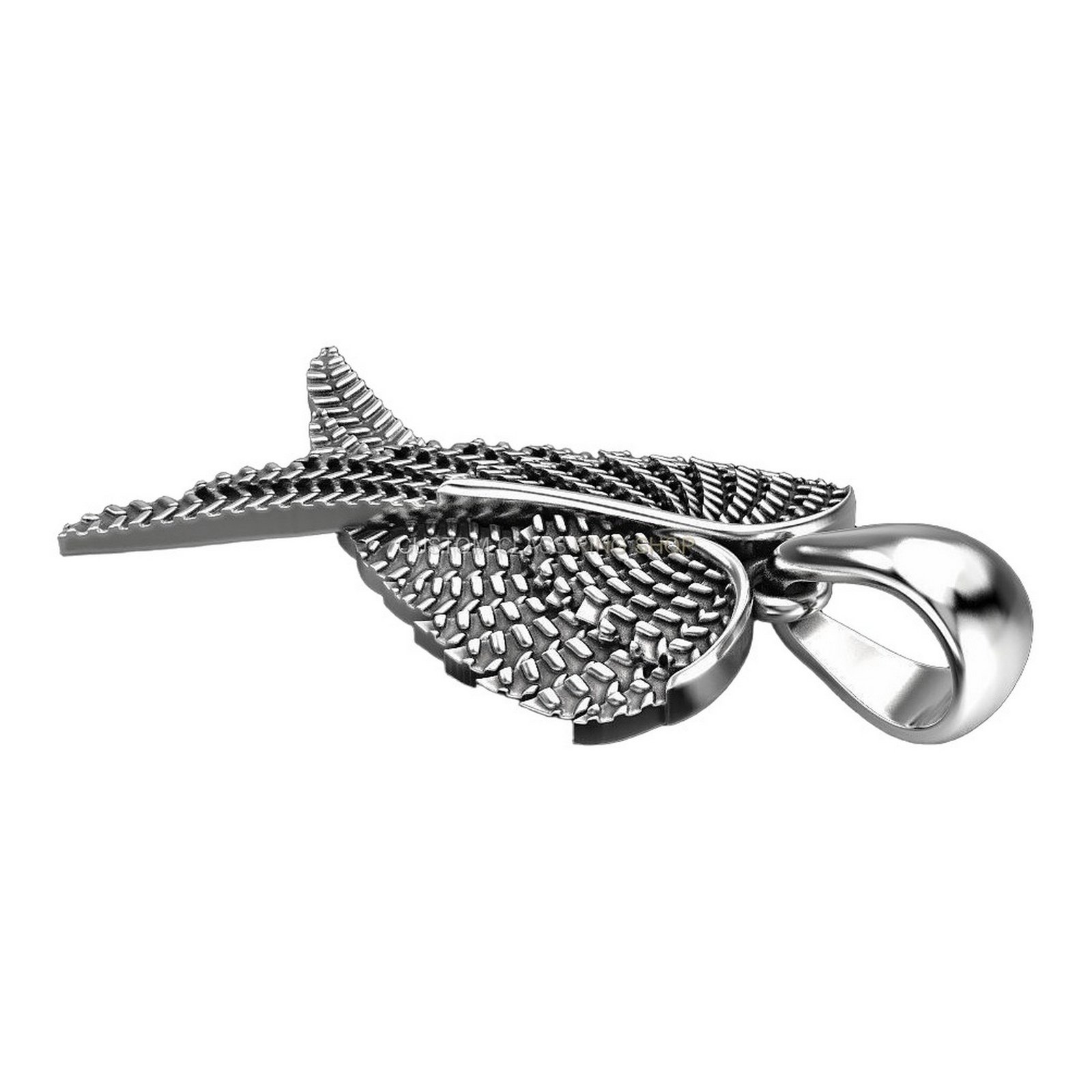 Sterling silver angel wings pendant, angled side view with bail loop