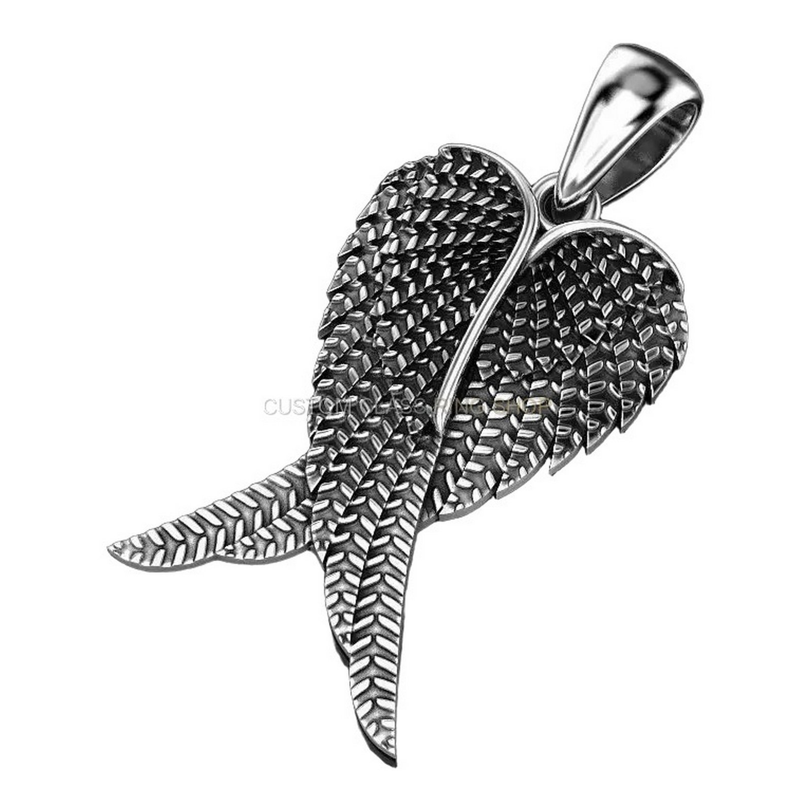 Sterling silver angel wings pendant, angled three-quarter view