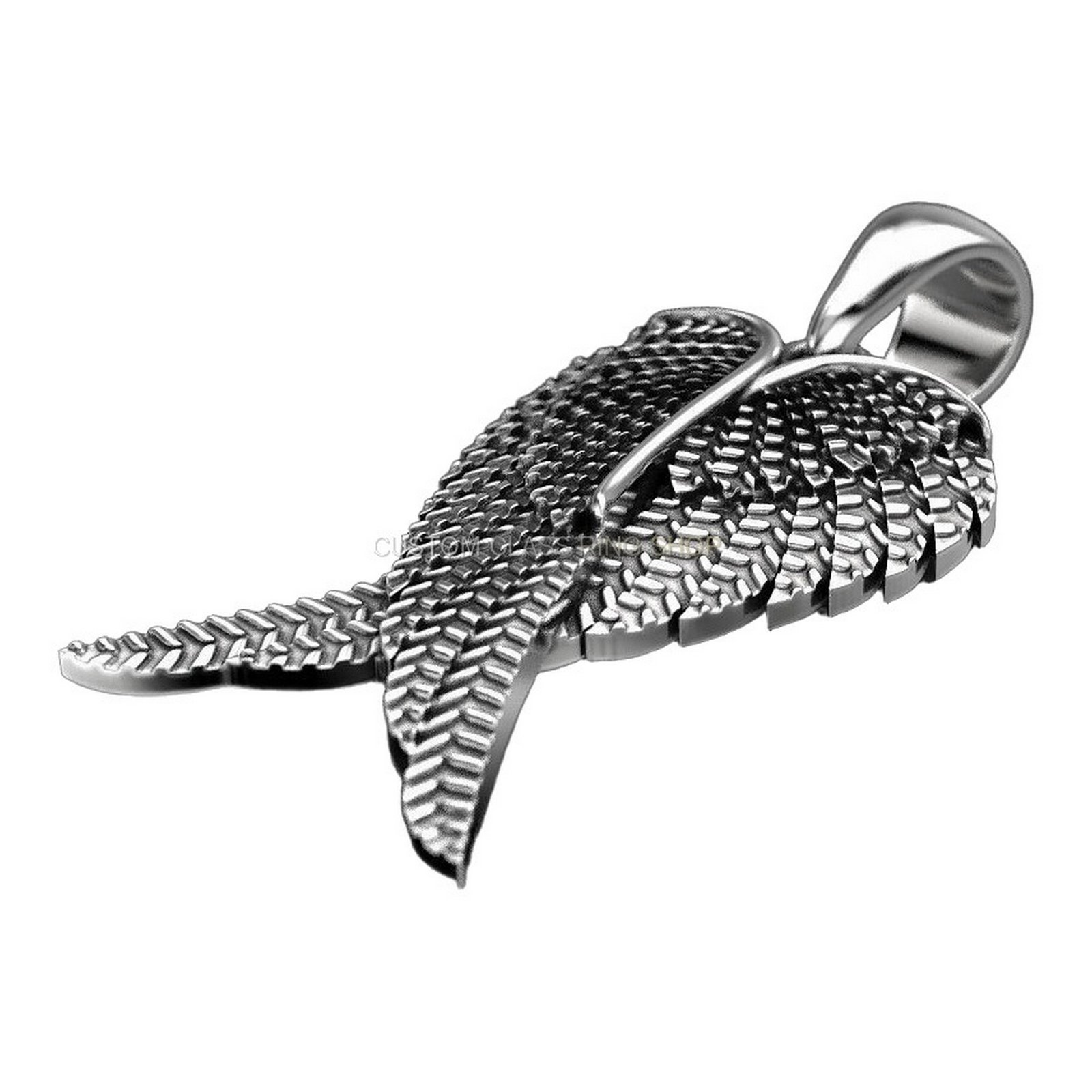 Sterling silver angel wings pendant, angled wing detail view