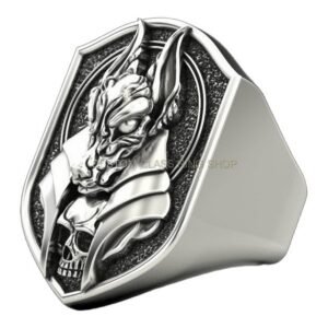 Mens sterling silver dragon skull ring with oxidized antique finish and winged design