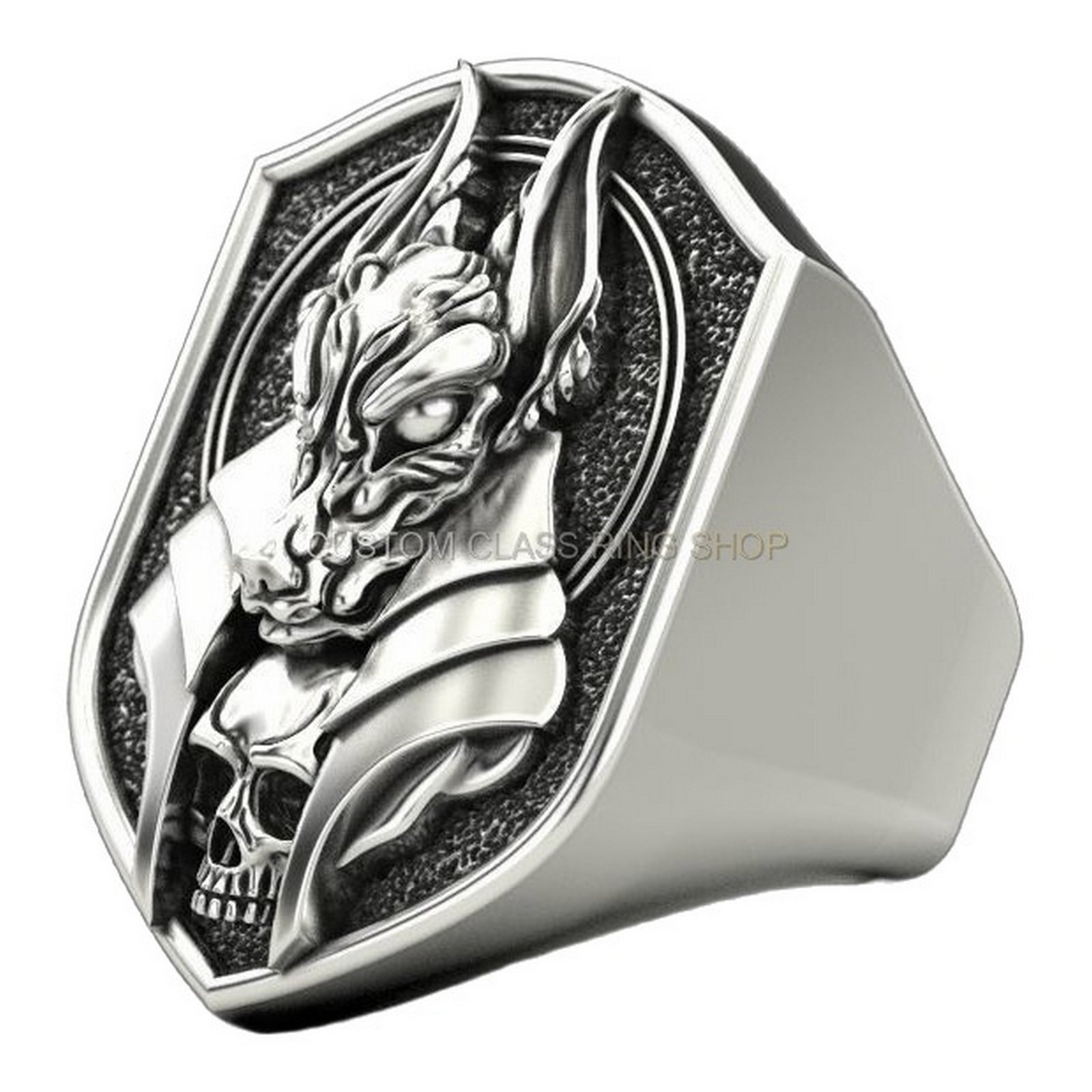 Mens sterling silver dragon skull ring with oxidized antique finish and winged design
