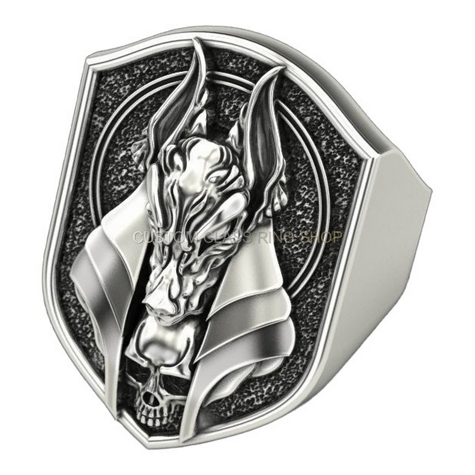 Mens sterling silver dragon skull ring, front angled three-quarter view