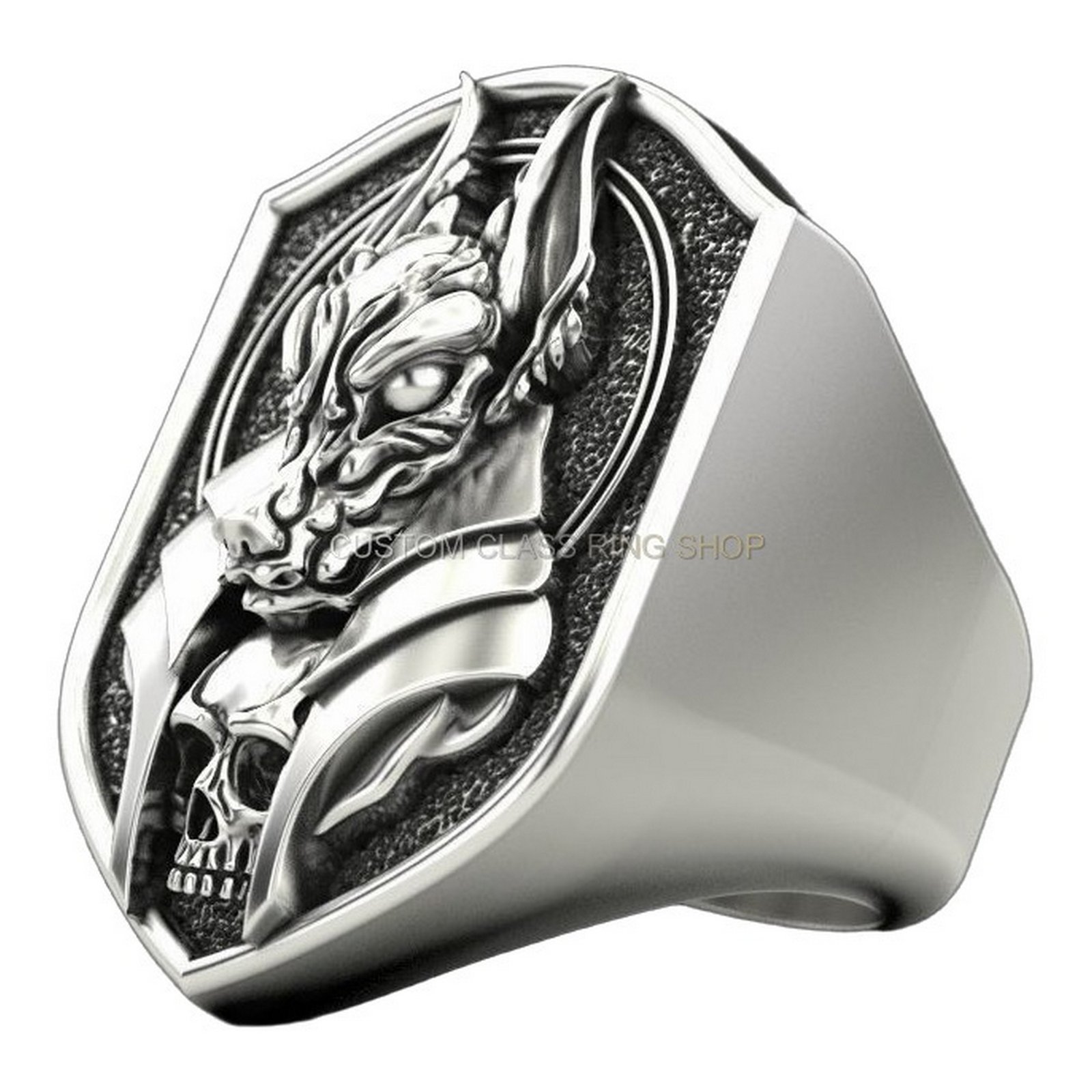 Mens sterling silver dragon skull ring, right side profile showing shoulder taper