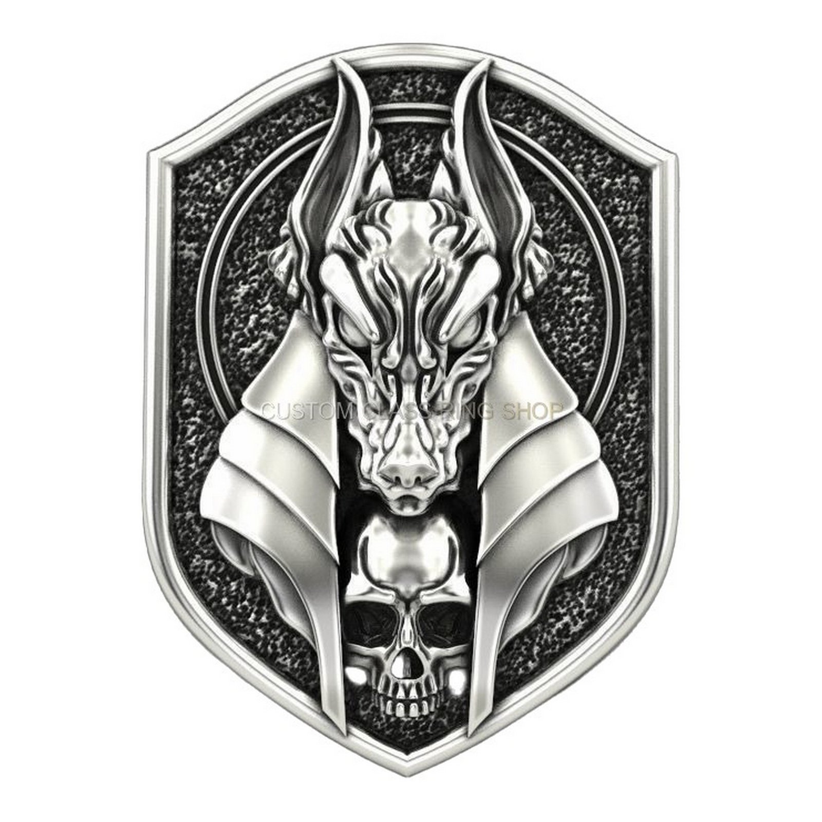 Mens sterling silver dragon skull ring, front centered view of complete design