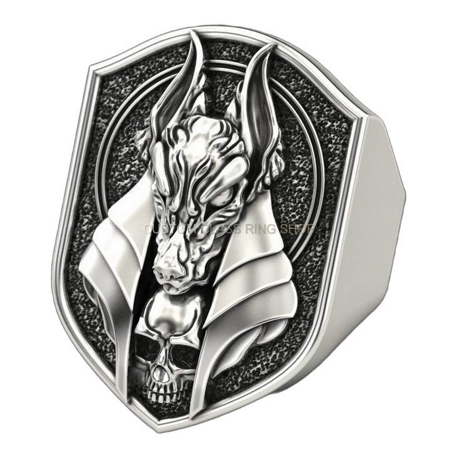 Mens sterling silver dragon skull ring with oxidized antique finish and winged design