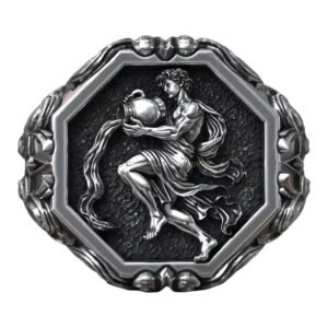 Sterling silver aquarius zodiac signet ring with antique relief