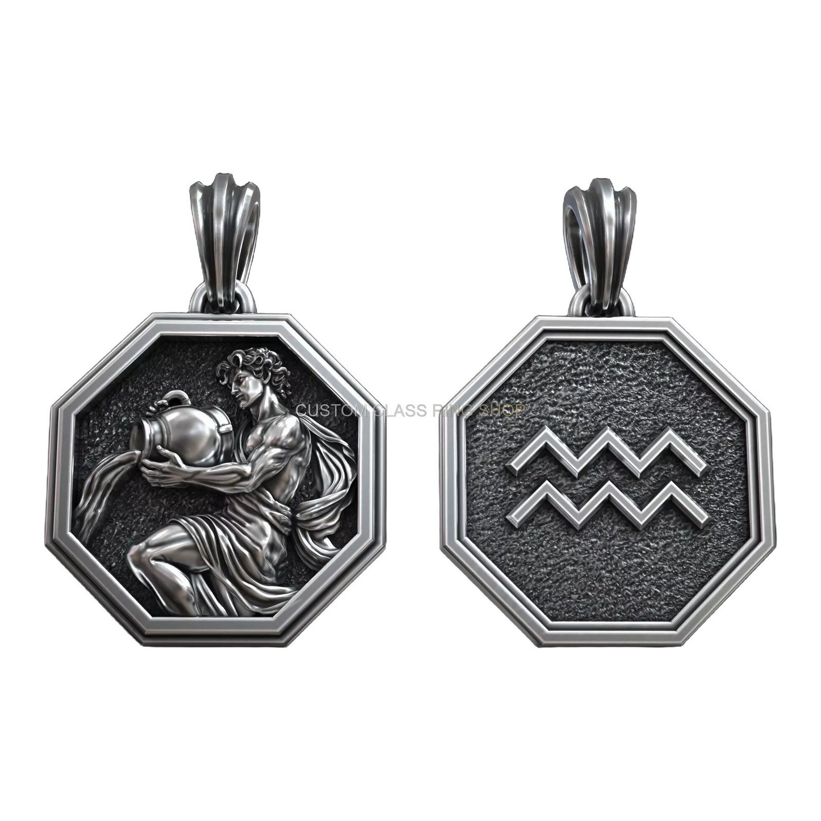 Aquarius zodiac sign sterling silver pendant, front and back view with classical figure detail