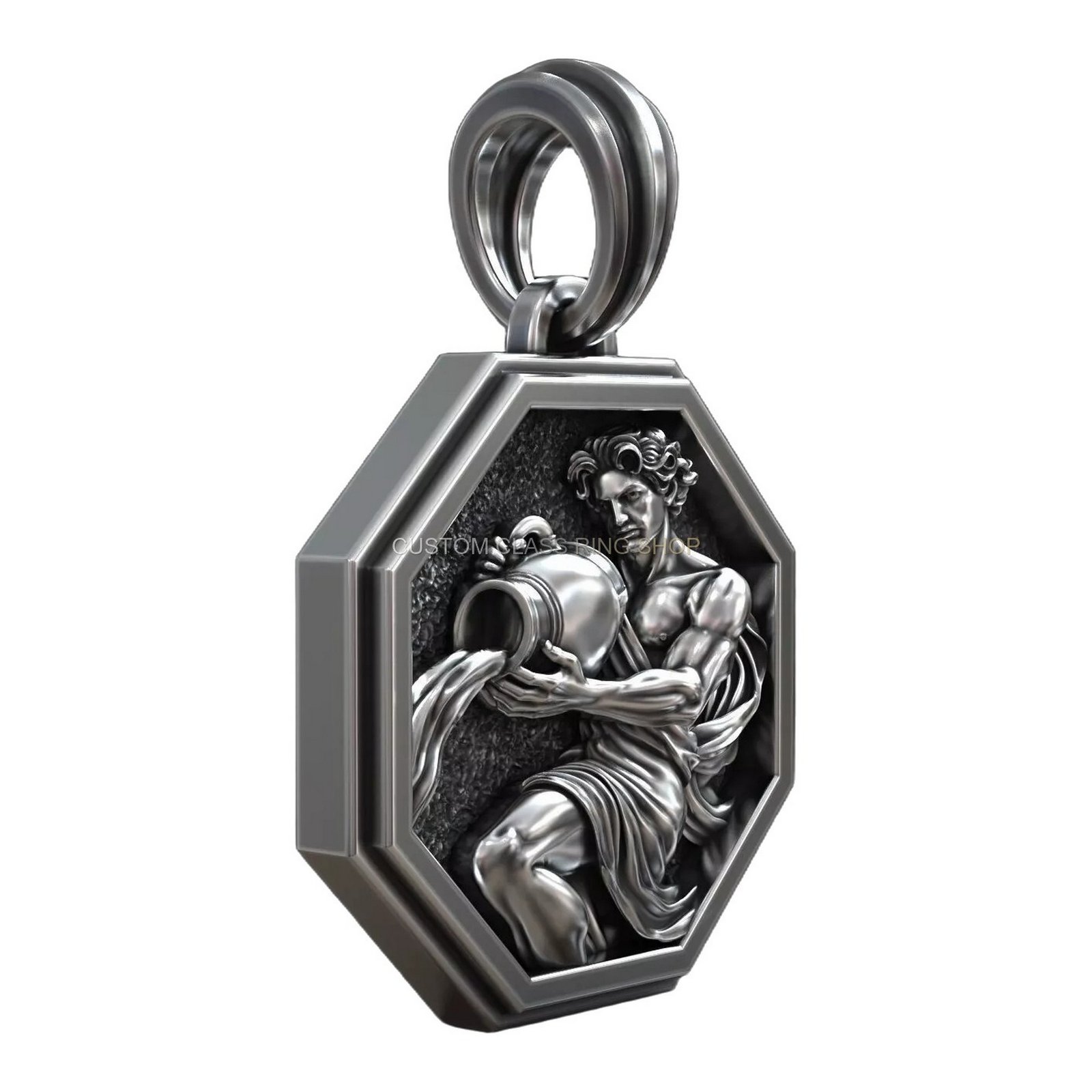 Aquarius zodiac sign sterling silver pendant, back view with octagonal frame
