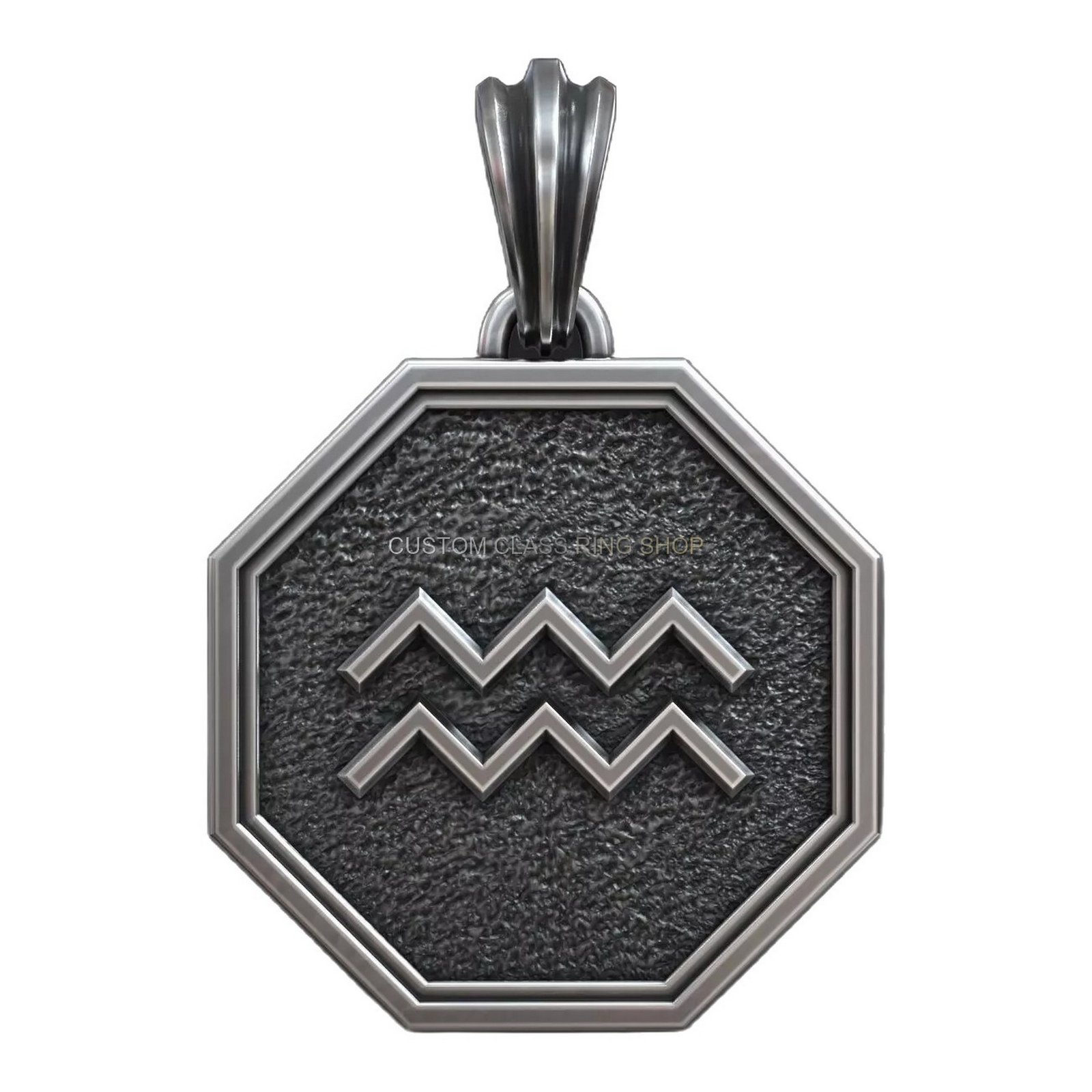 Aquarius zodiac sign sterling silver pendant, front centered pendant with loop attachment