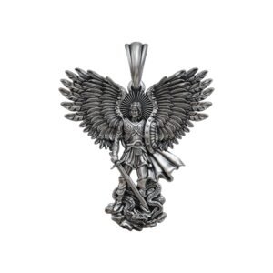 Archangel Michael wings sword pendant in oxidized 925 sterling silver