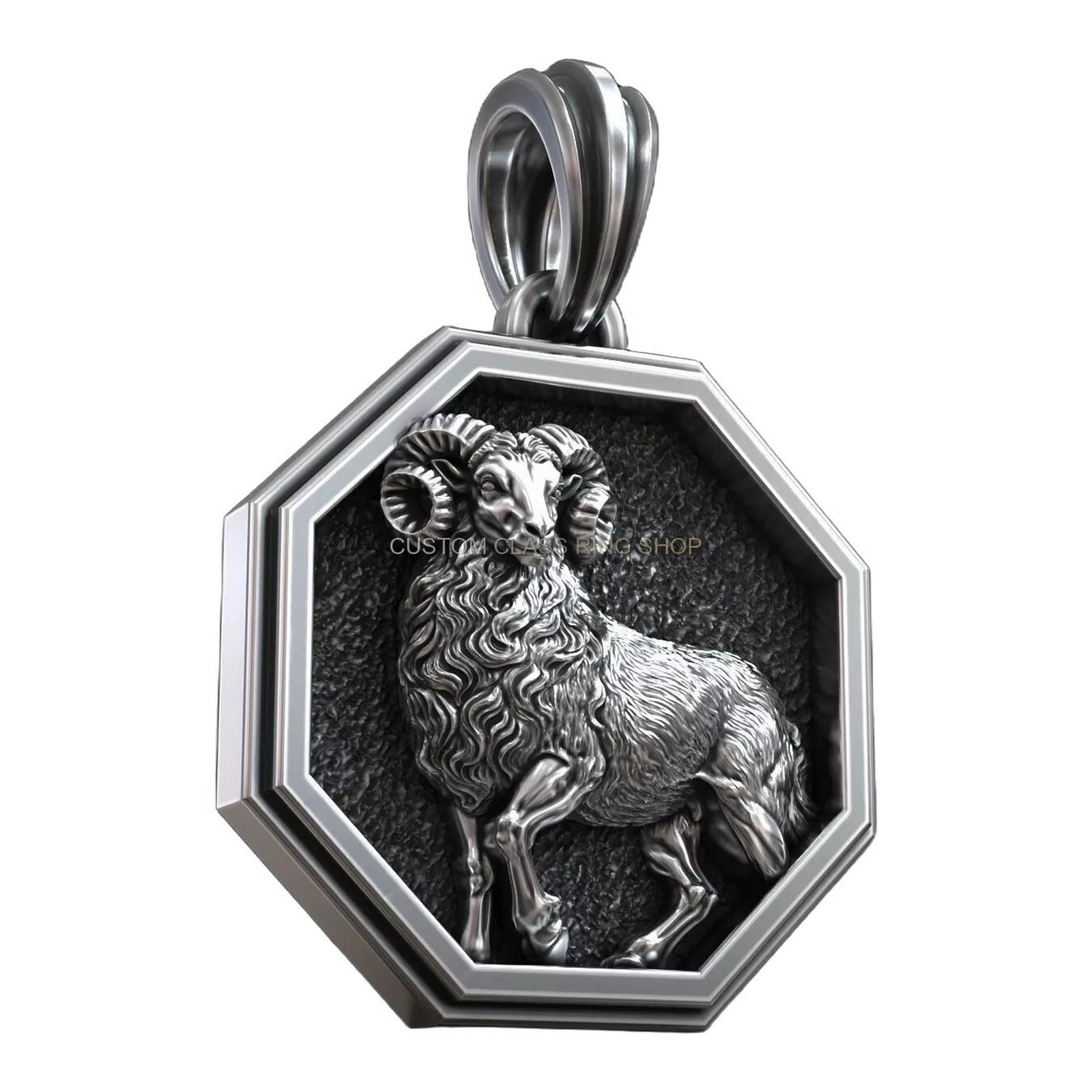 Aries zodiac sign sterling silver pendant, close-up Aries ram head and horns detail