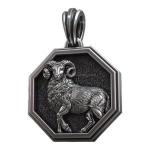 Aries zodiac sign sterling silver pendant with ram detail, octagonal frame