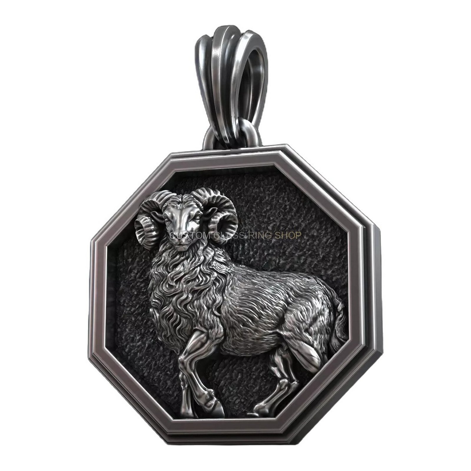 Aries zodiac sign sterling silver pendant with ram detail, octagonal frame