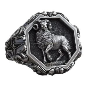Aries zodiac signet ring sterling silver with sculptured ram and ornate border