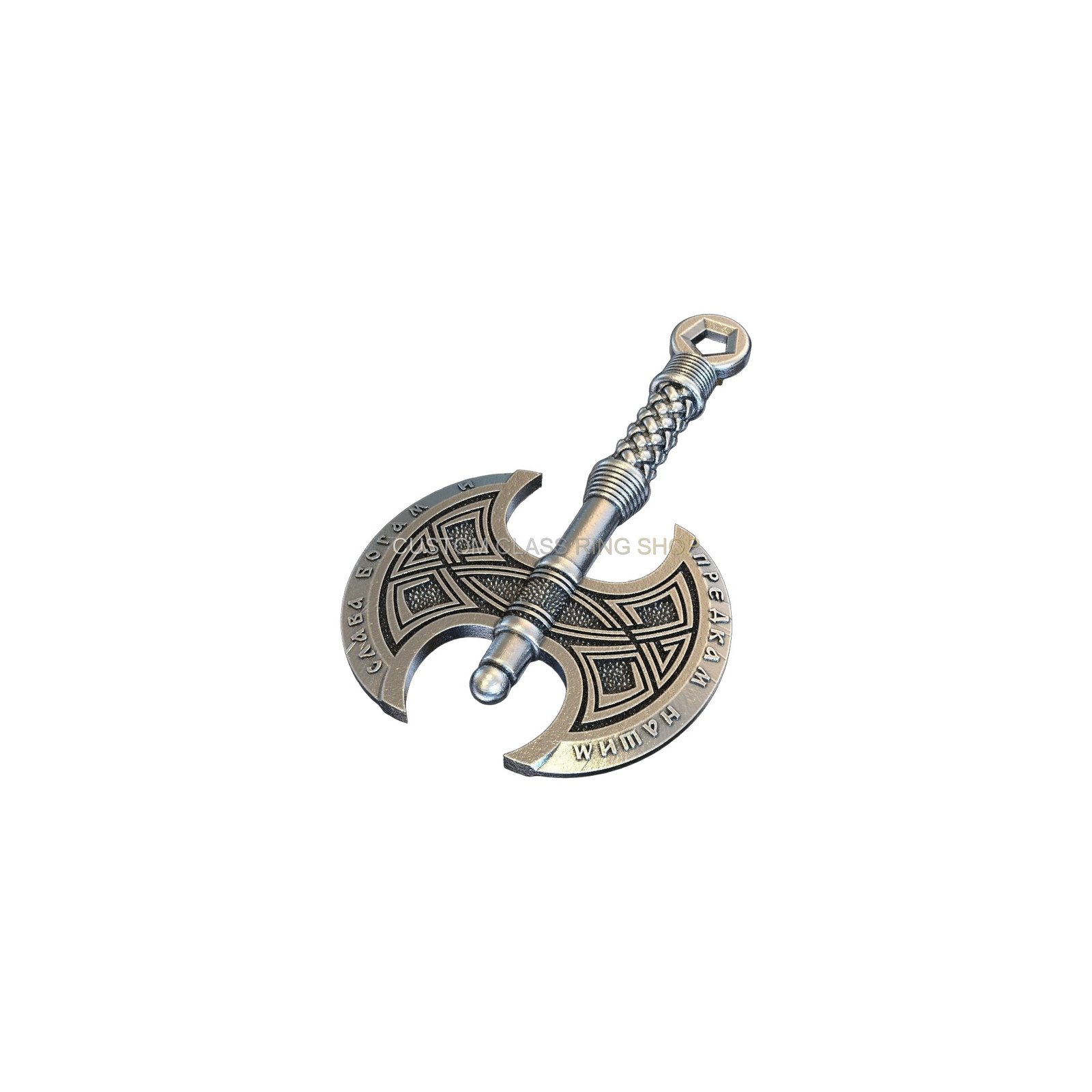 Sterling silver double axe pendant with Celtic knotwork and twisted handle