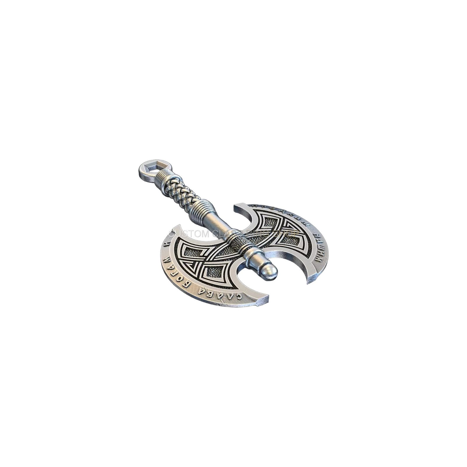 Sterling silver double axe pendant, angled three-quarter perspective